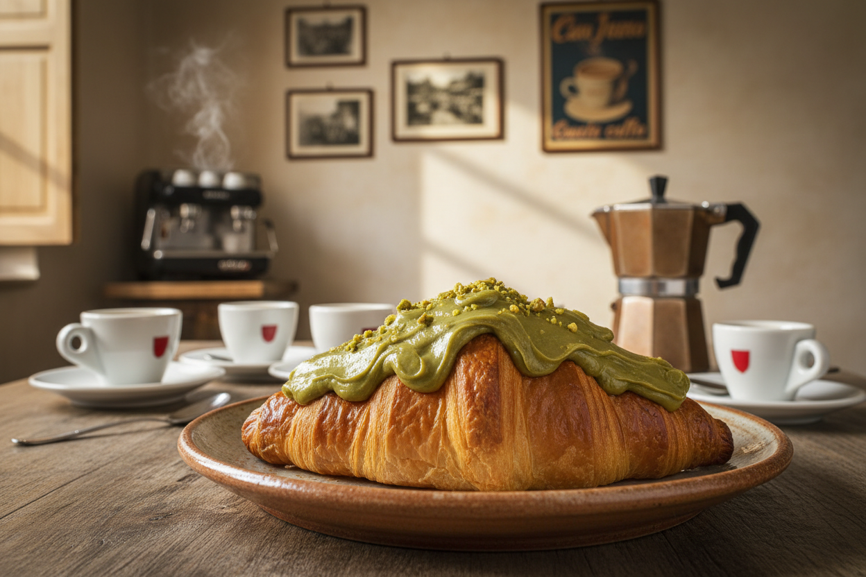 Pistache cream put on french croissant in a cosy bar in italy