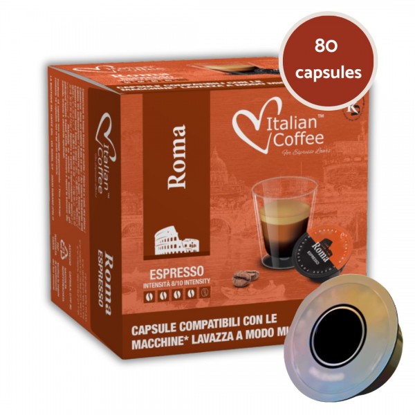 Accueil 80 capsules compatibles Lavazza A Modo Mio - Caffè Roma Espresso Italian Coffee ITCROMAMMIO80