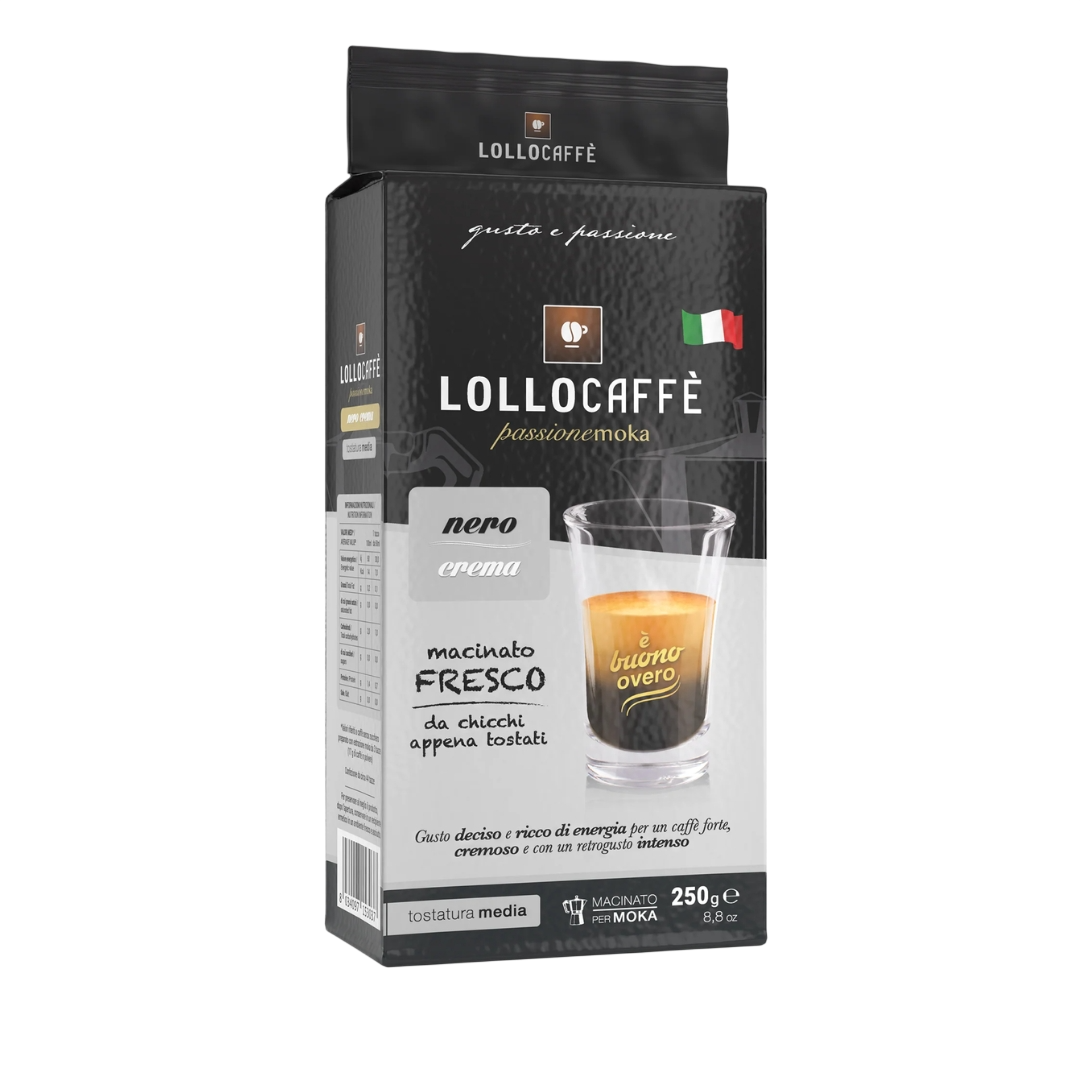 Lollo Caffè Nero Gemalen Koffie – Traditionele Italiaanse Koffie 250g – Sterke en Volle Blend, Gemaakt in Napels
